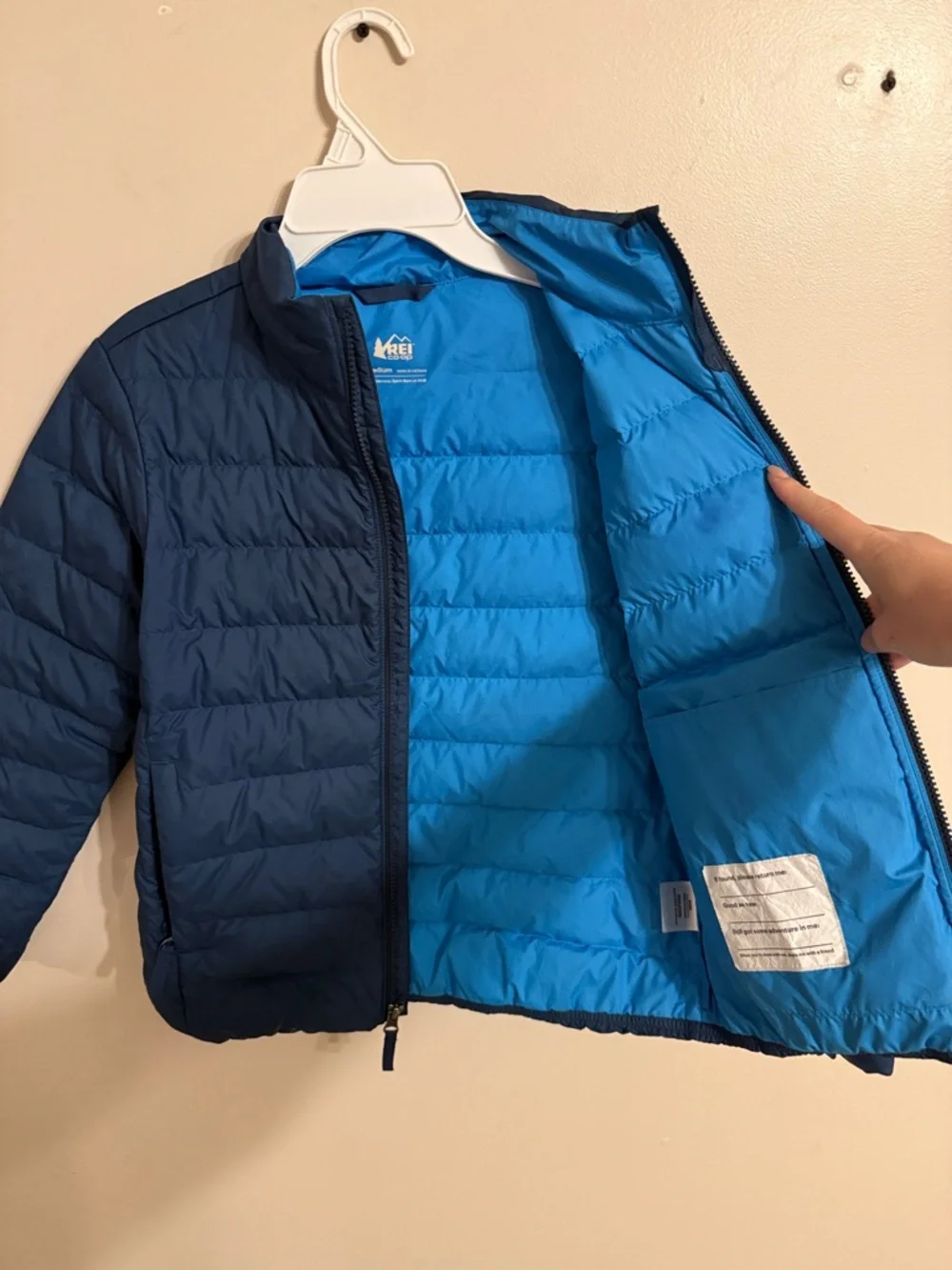 REI Puffer 80% Down Insulated Jacket Youth Packable Blue Full Zip Pockets Medium
